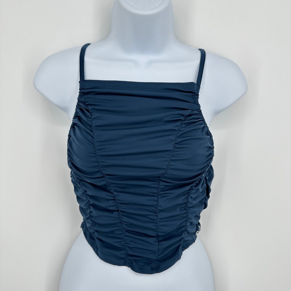 Free People Movement Shirr Enough Cami Tank Top Medium Navy Blue Ruched Active - Picture 2 of 10